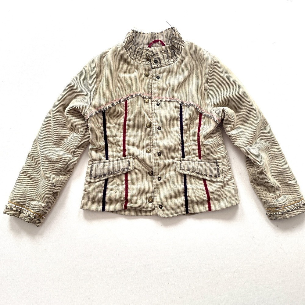 DKNY Girls 8 Tan Corduroy Jacket Snap Front Fringe Stripe Fall Pink Lined Jacket